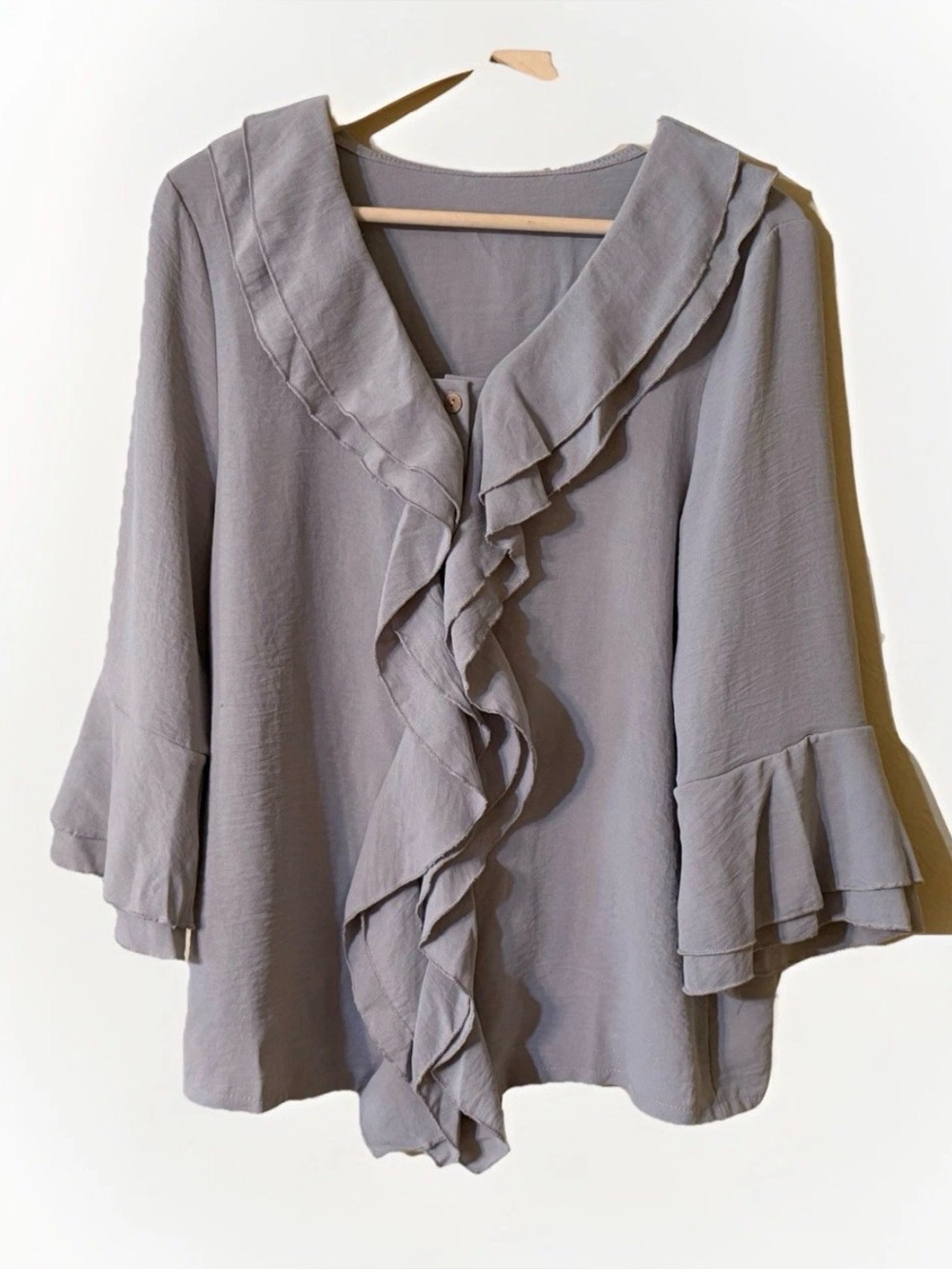 No brand gray V-Neck cascading ruffle front blouse, 3/4 sleeves